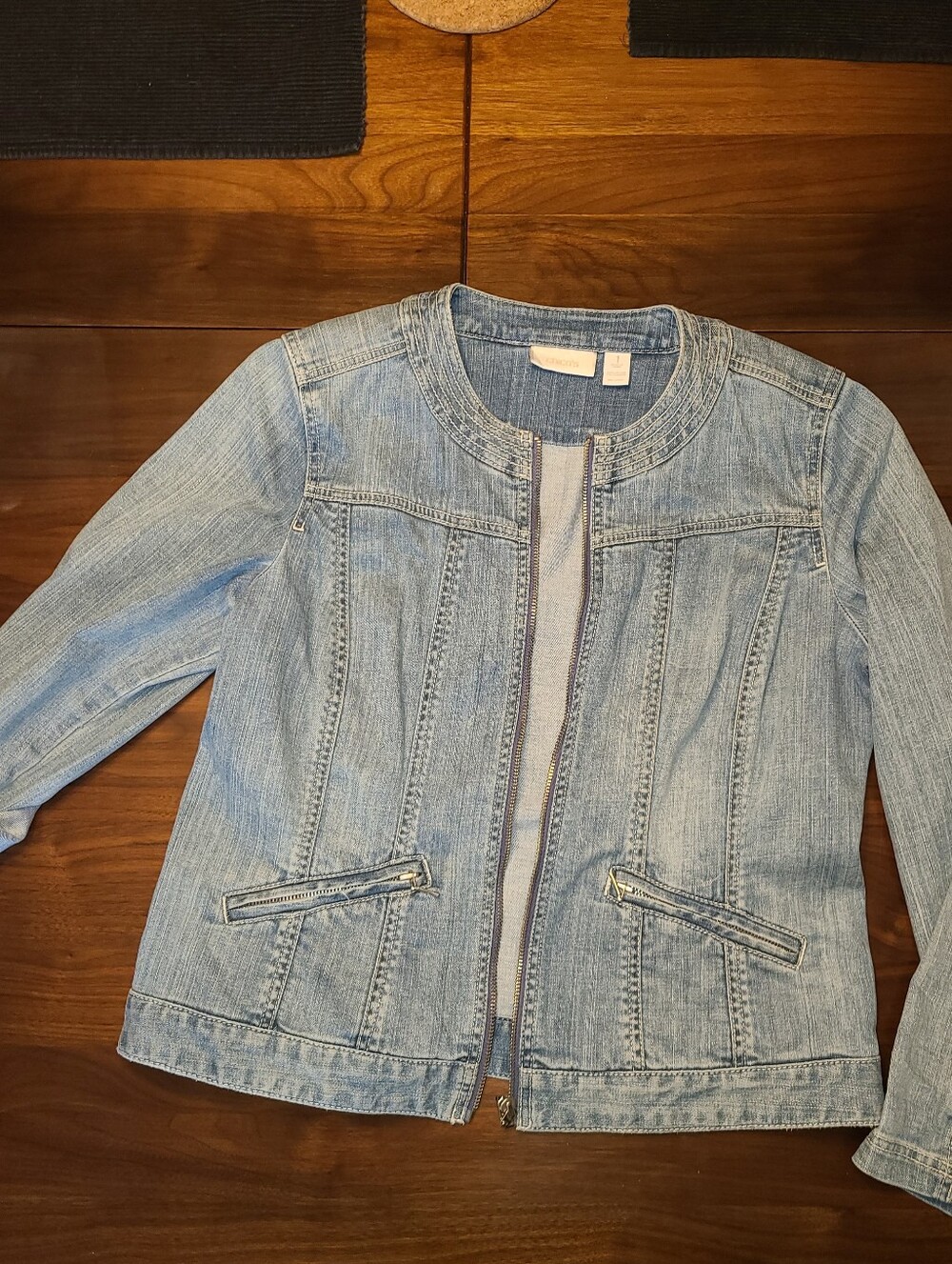 Chico's Light Wash Denim Jacket - Casual Round Neck Zip Front